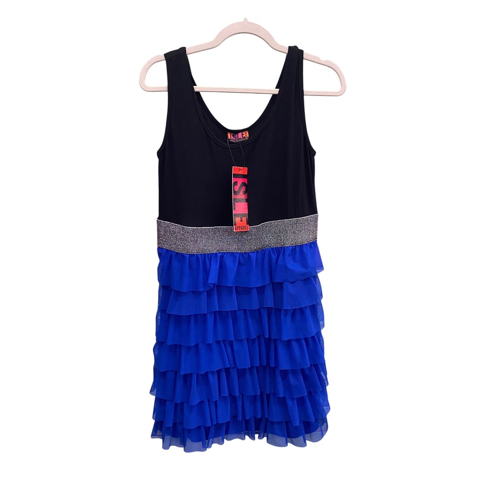 Y2K Royal Blue Tiered Ruffle Dress Black Glitter Waist Party Coquette Fairy iSLE